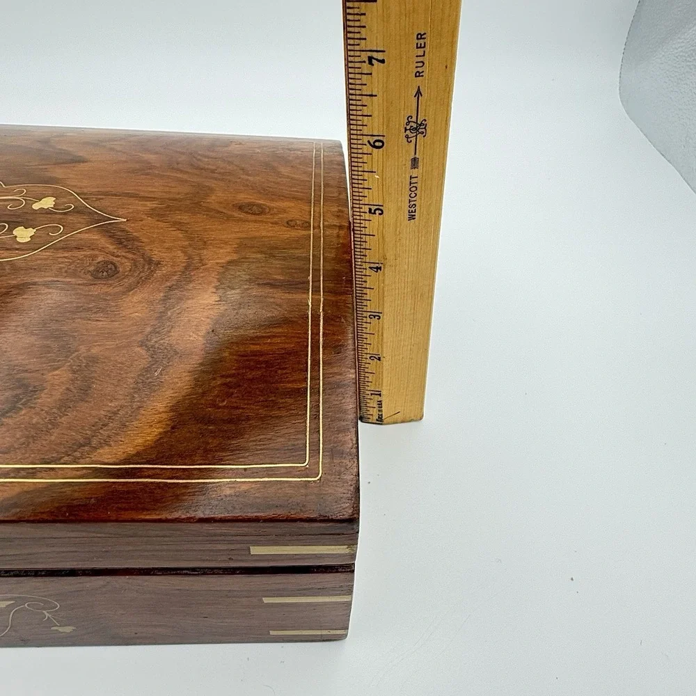 Vintage Wood Jewelry Keepsake Box Brass Inlay Locking - 2 Keys Felt Lined, 12x8